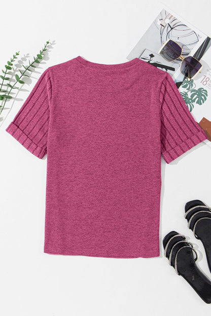 Bright Pink Ribbed Splicing Sleeve Round Neck T-shirt - L & M Kee, LLC