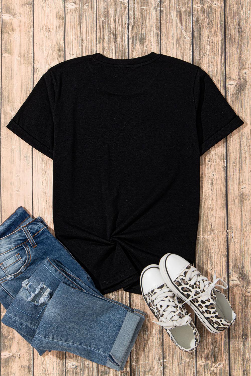 Black Independent Day Sequin Bow Graphic T Shirt