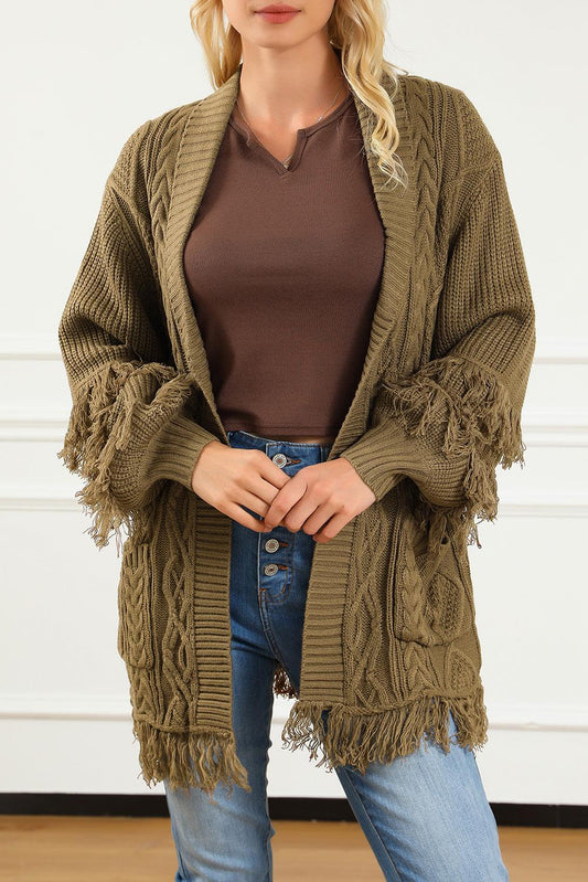 Fringe Trim Cable Knit Open Cardigan - L & M Kee, LLC