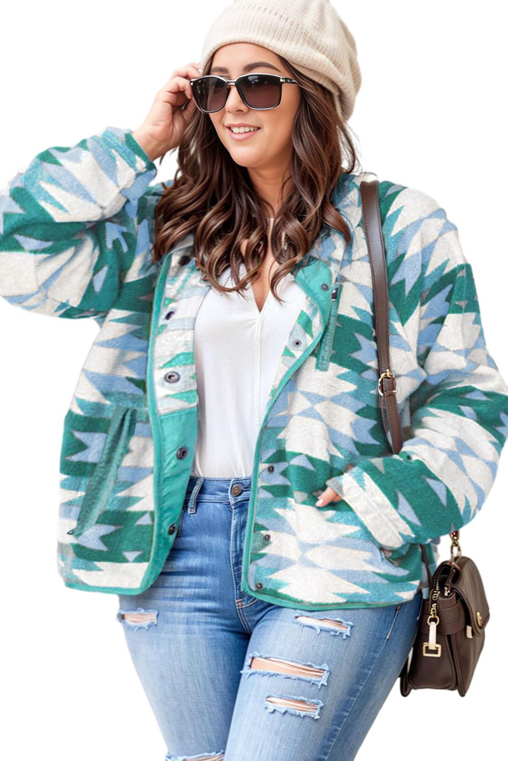 Green Geometric Aztec Pattern Plus Size Fleece Jacket - L & M Kee, LLC