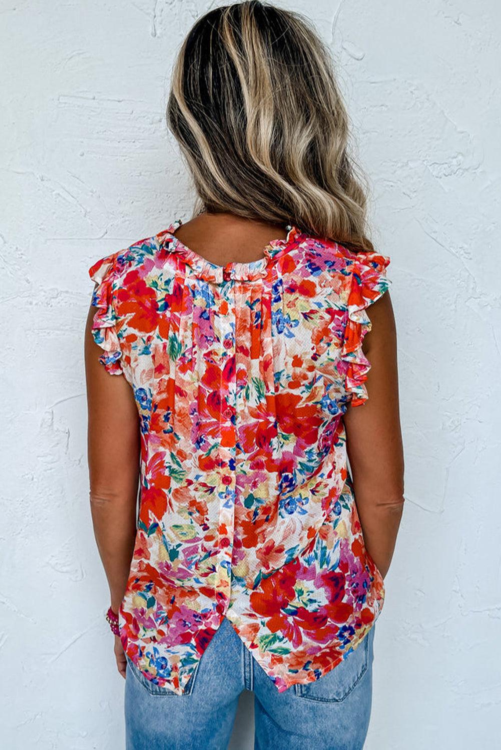 Red Frilled Neck Pleated Boho Floral Tank Top - L & M Kee, LLC