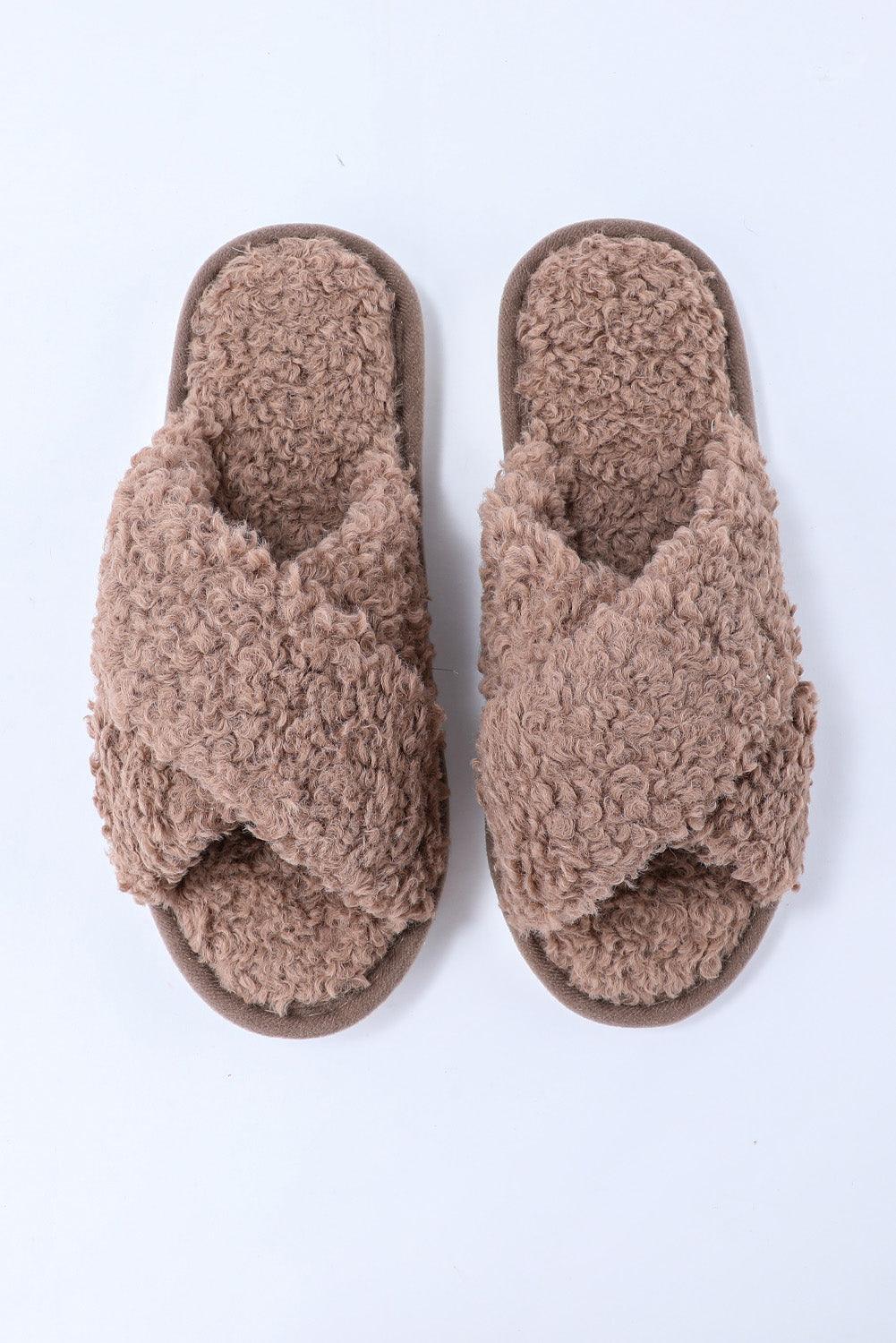 Brown Teddy Fur Cross Straps Home Slippers - L & M Kee, LLC