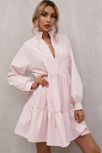 Frilled Stand Collar Long Sleeve Ruffle Dress - L & M Kee, LLC