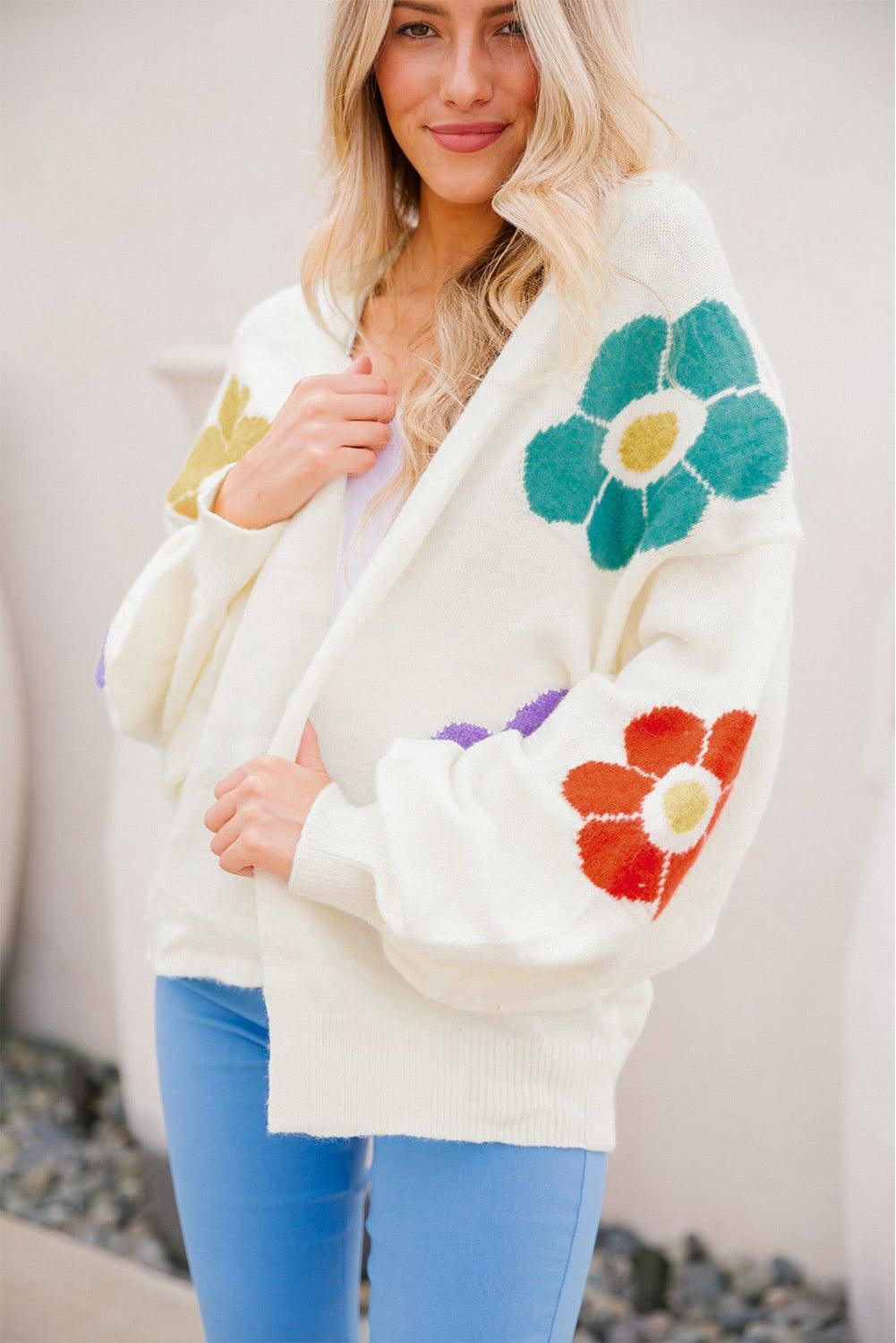 White Flower Jacquared Bubble Sleeve Open Cardigan - L & M Kee, LLC