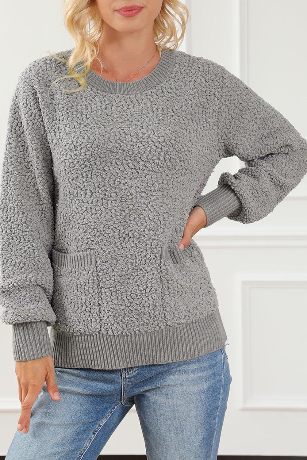 Gray Double Pockets Ribbed Trim Popcorn Knit Sweater - L & M Kee, LLC