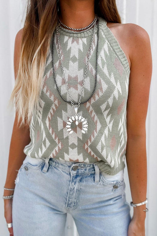 Laurel Green Western Tribal Aztec Pattern Knit Sweater Tank - L & M Kee, LLC