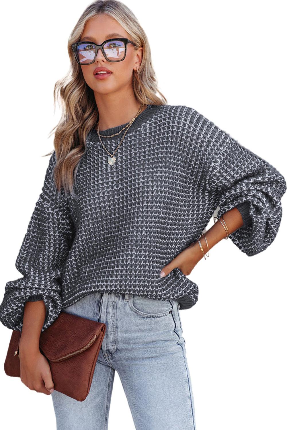 Gray Heathered Knit Drop Shoulder Puff Sleeve Sweater - L & M Kee, LLC