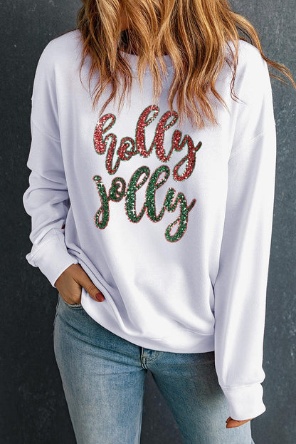 White Sequined holly jolly Graphic Christmas Sweatshirt - L & M Kee, LLC