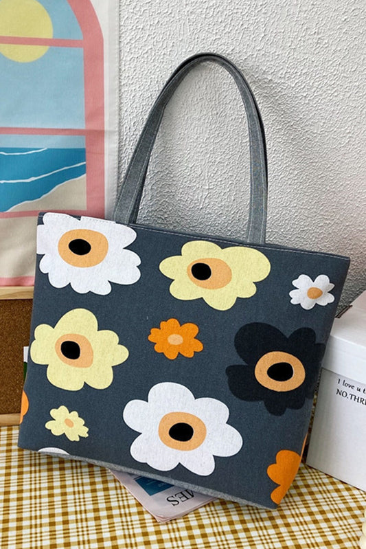 Dark Grey Flower Print Canvas Zipper Large Tote Bag