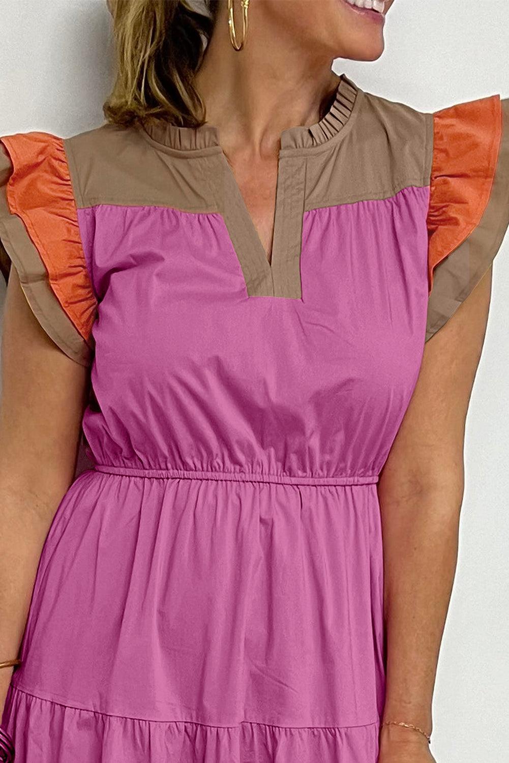 Bonbon Color Block Tiered Notched Neck Ruffle Sleeve Dress - L & M Kee, LLC