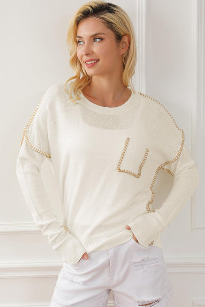 Beige Exposed Stitching Chest Pocket Drop Shoulder Sweater - L & M Kee, LLC