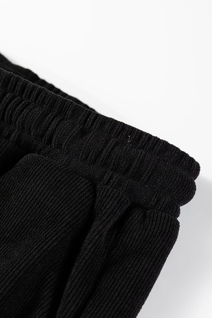 Black Solid Color Textured Knit Drop Shoulder Pullover Drawstring Shorts Set