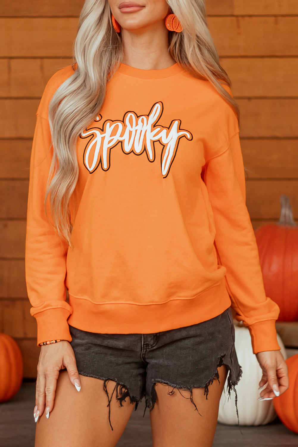 Grapefruit Orange Spooky Graphic Halloween Crew Neck Holiday Sweatshirt