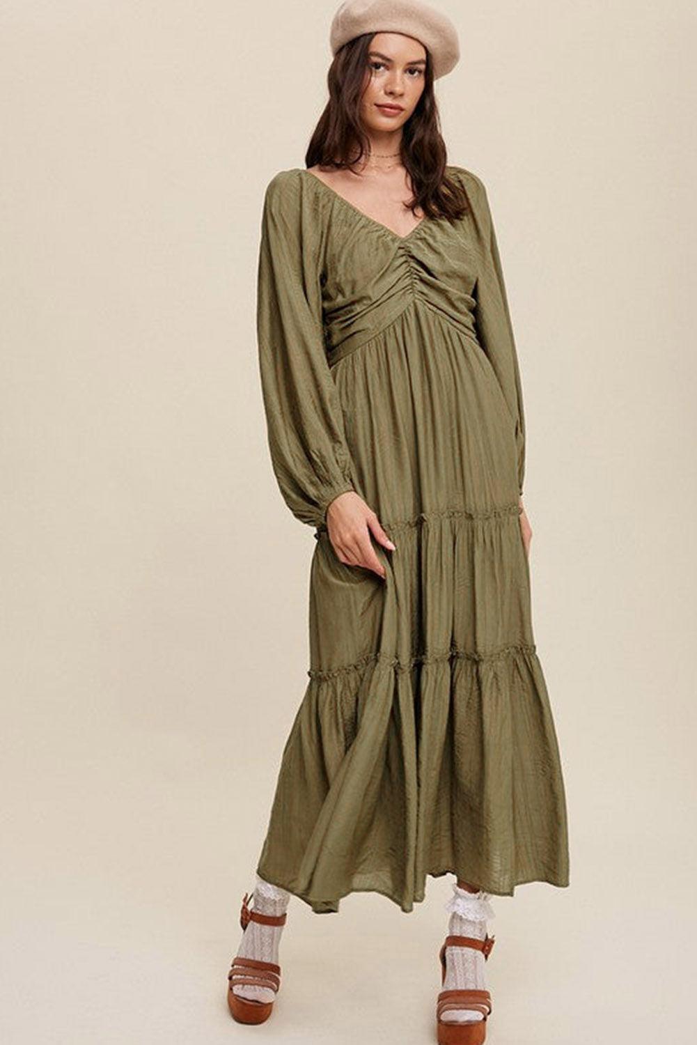 Green V Neck Bowknot Cutout Frill Tiered Maxi Dress - L & M Kee, LLC