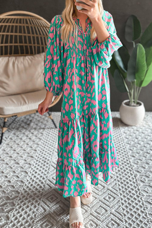 Green Abstract Print Puff Sleeve Tied Notched Neck Long Dress - L & M Kee, LLC