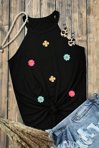 Black Sweet Floral Embroidery Casual Tank Top - L & M Kee, LLC