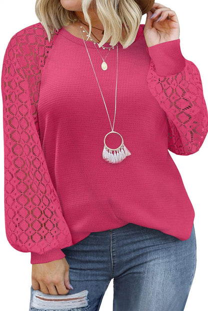 Red Plus Size Contrast Lace Sleeve Waffle Knit Top - L & M Kee, LLC