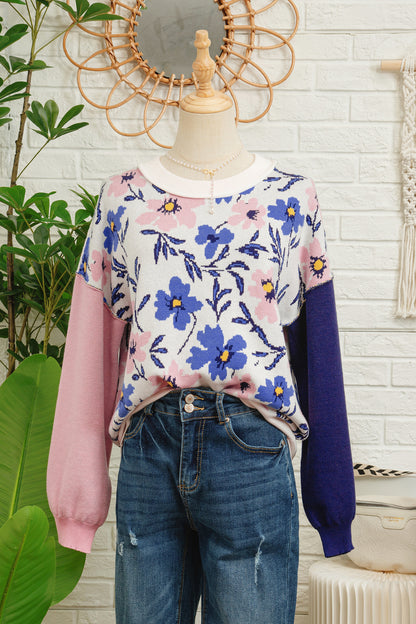 Khaki Floral Panel Colorblock Sleeve Patchwork Sweater
