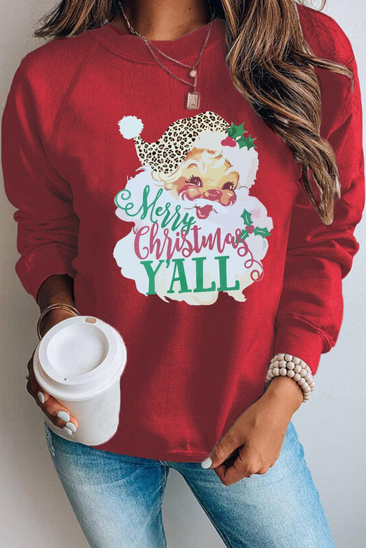 Red Merry Christmas Y'all Santa Claus Print Pullover Sweatshirt - L & M Kee, LLC
