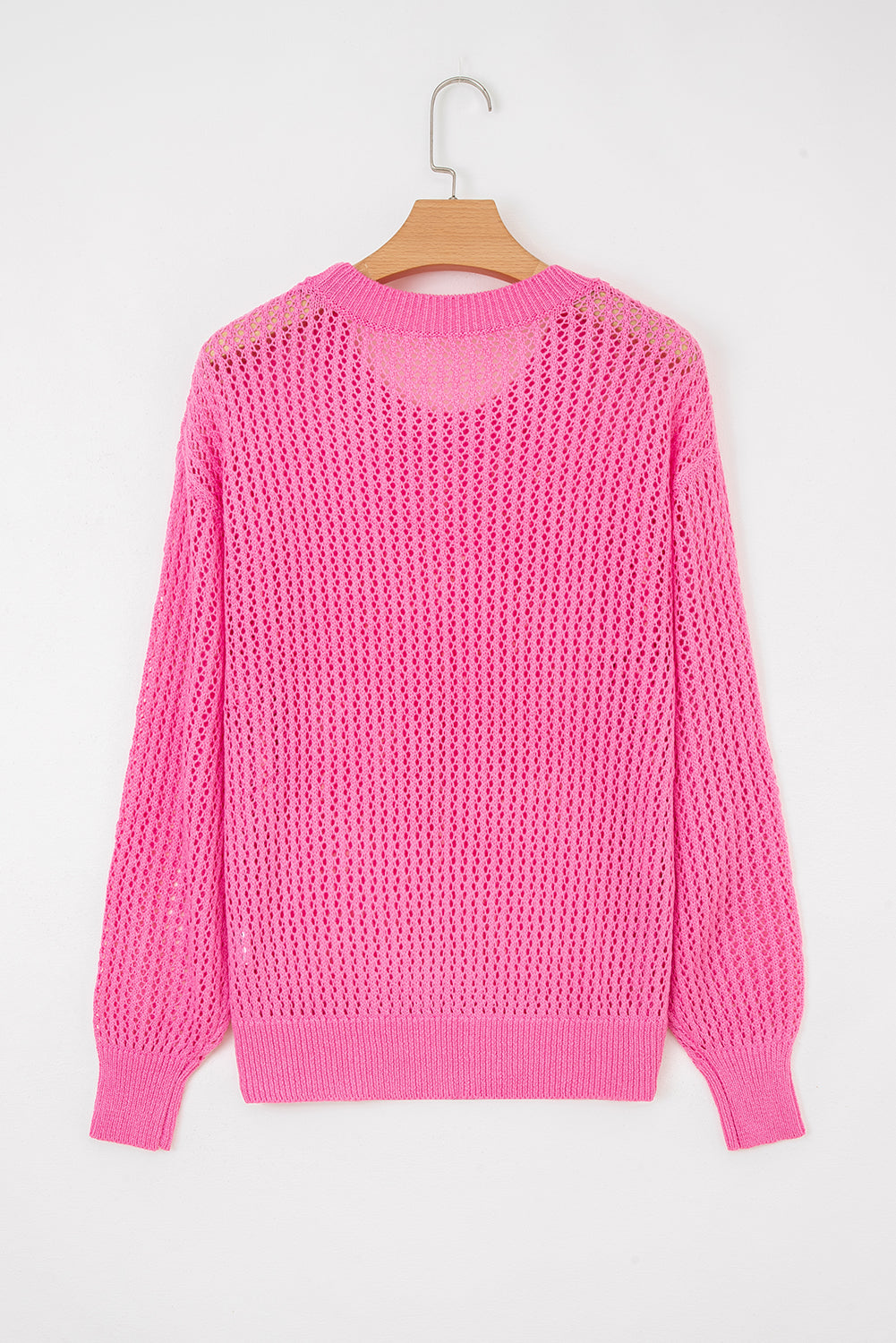 Sachet Pink Sweet Bow Decor Hollow Out Knitted Drop Shoulder Sweater