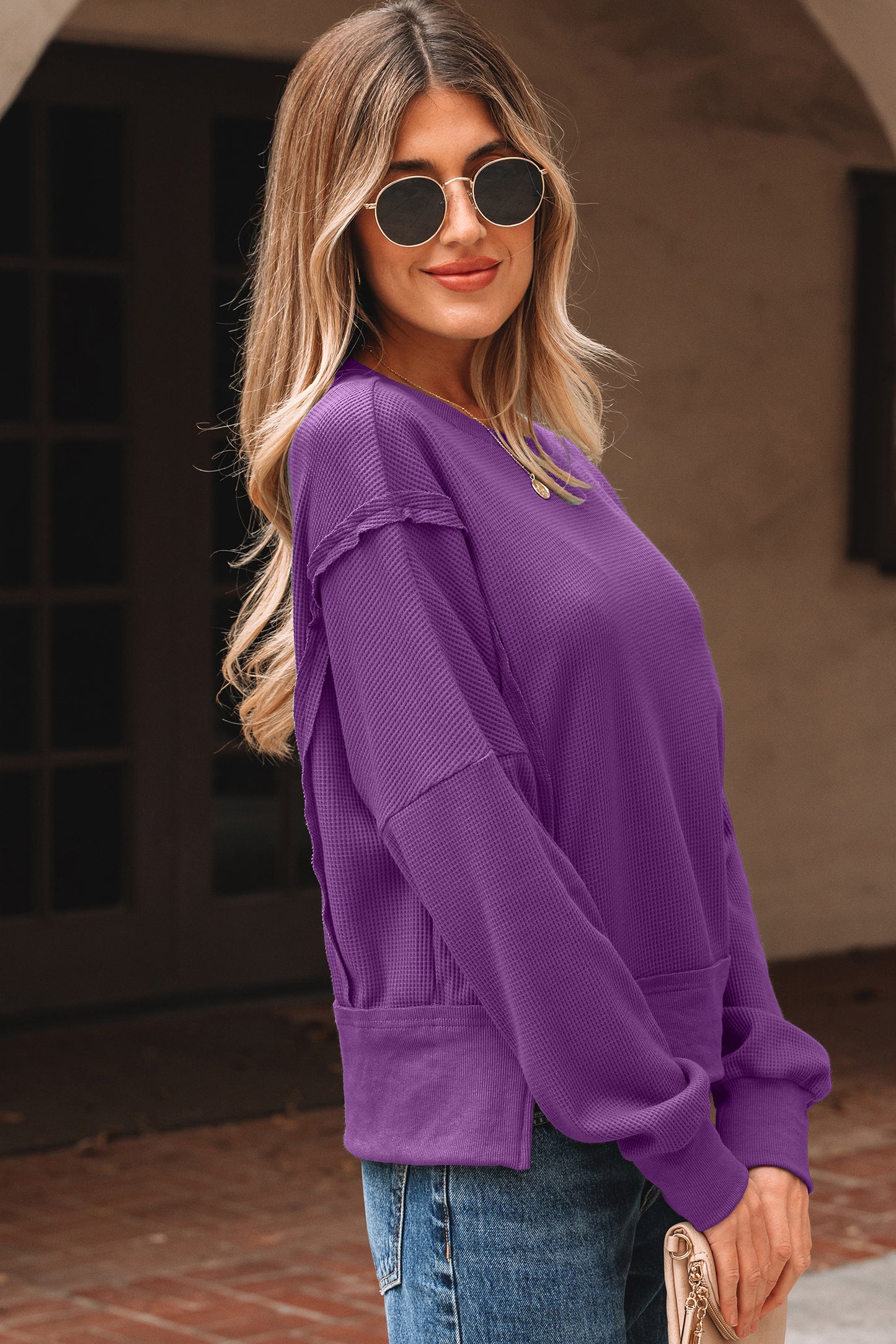 Orchid Mist Solid Color Raw Seam Patchwork Ribbed Drop Shoulder Sweatshirt