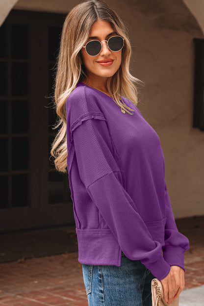 Orchid Mist Solid Color Raw Seam Patchwork Ribbed Drop Shoulder Sweatshirt