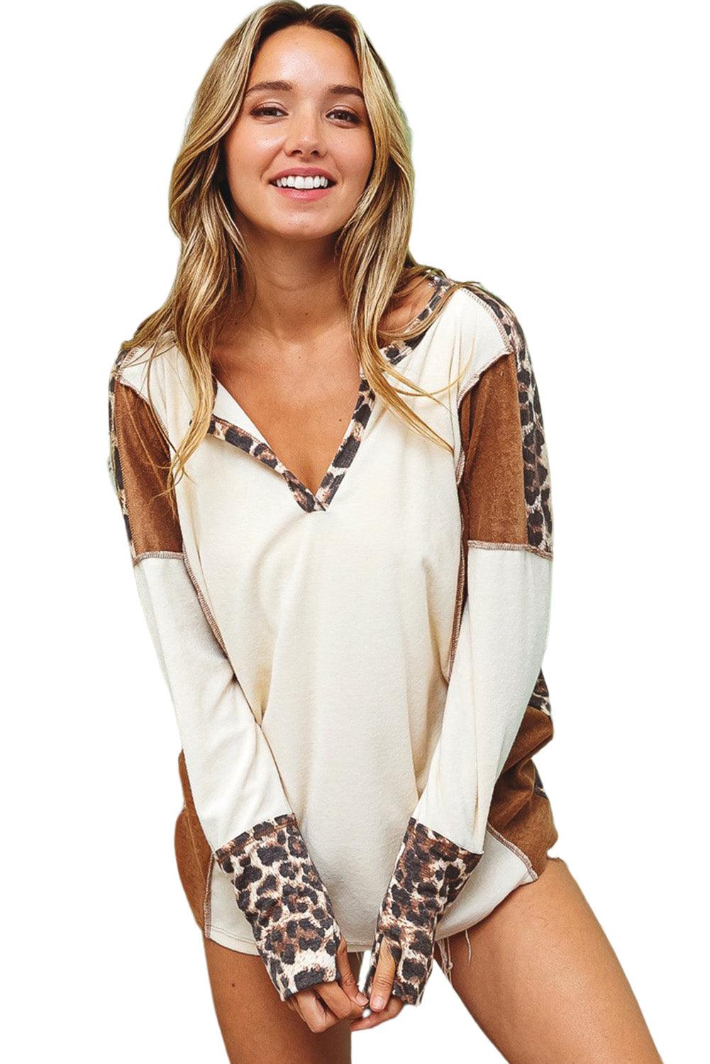 White Leopard Color Block Patchwork Split Neck Long Sleeve Top - L & M Kee, LLC