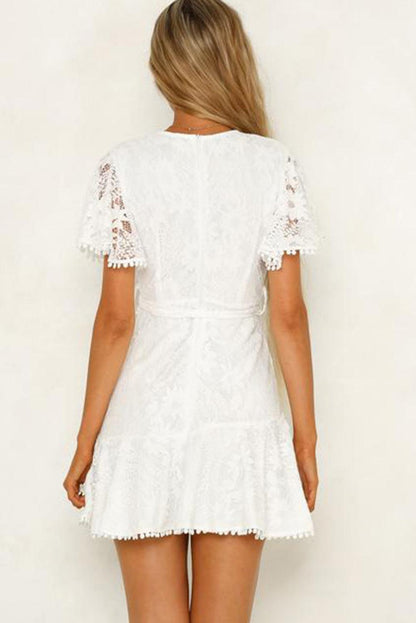 White Flutter Sleeve Wrap V Neck Floral Lace Short Dress - L & M Kee, LLC