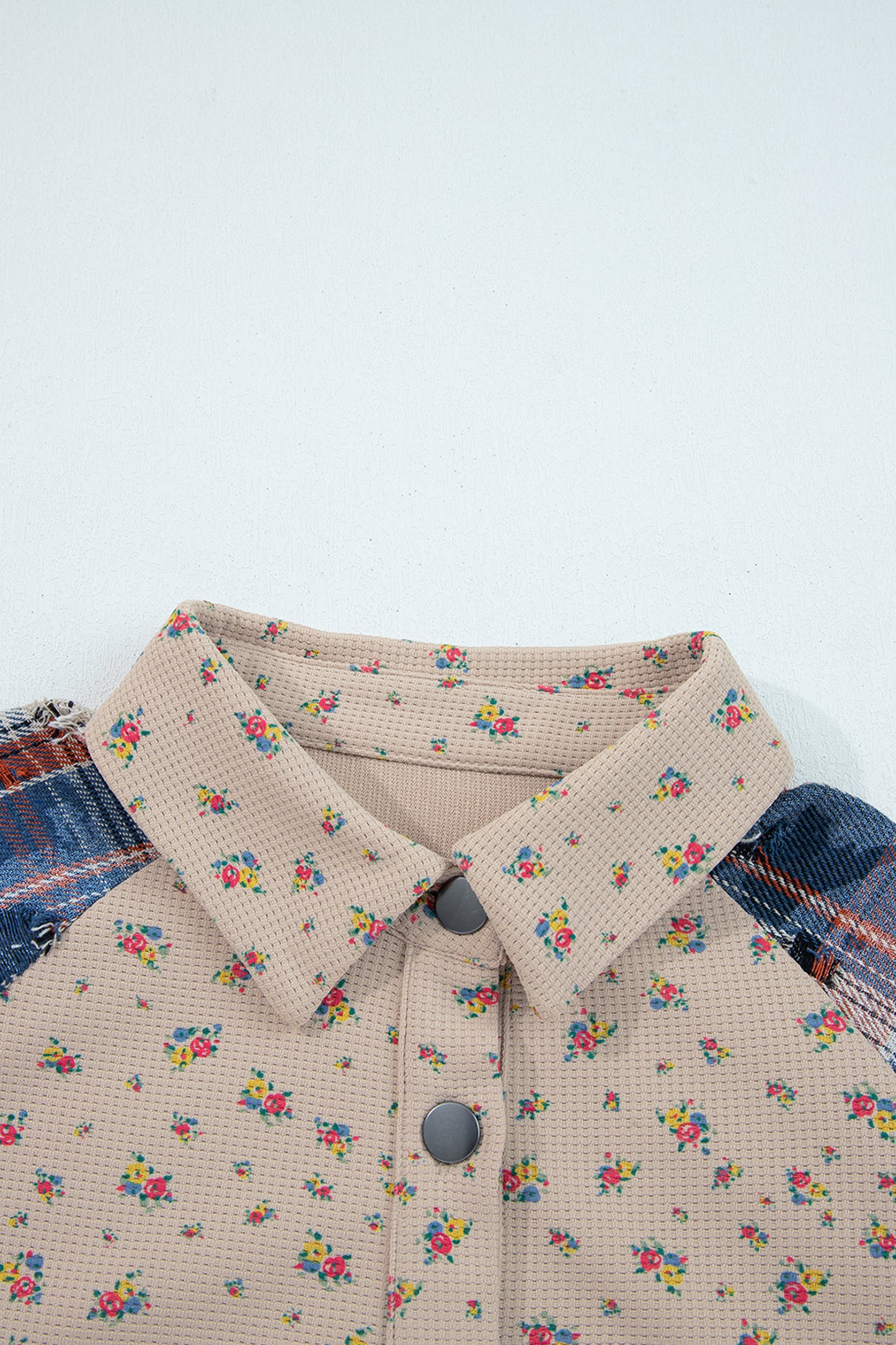 Mist Green Boho Floral Plaid Patchwork Distressed Detail Ruffled Sleeve Waffle Knit Shacket