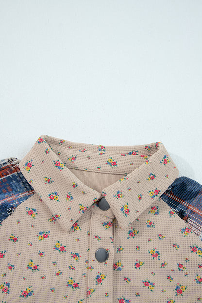 Mist Green Boho Floral Plaid Patchwork Distressed Detail Ruffled Sleeve Waffle Knit Shacket