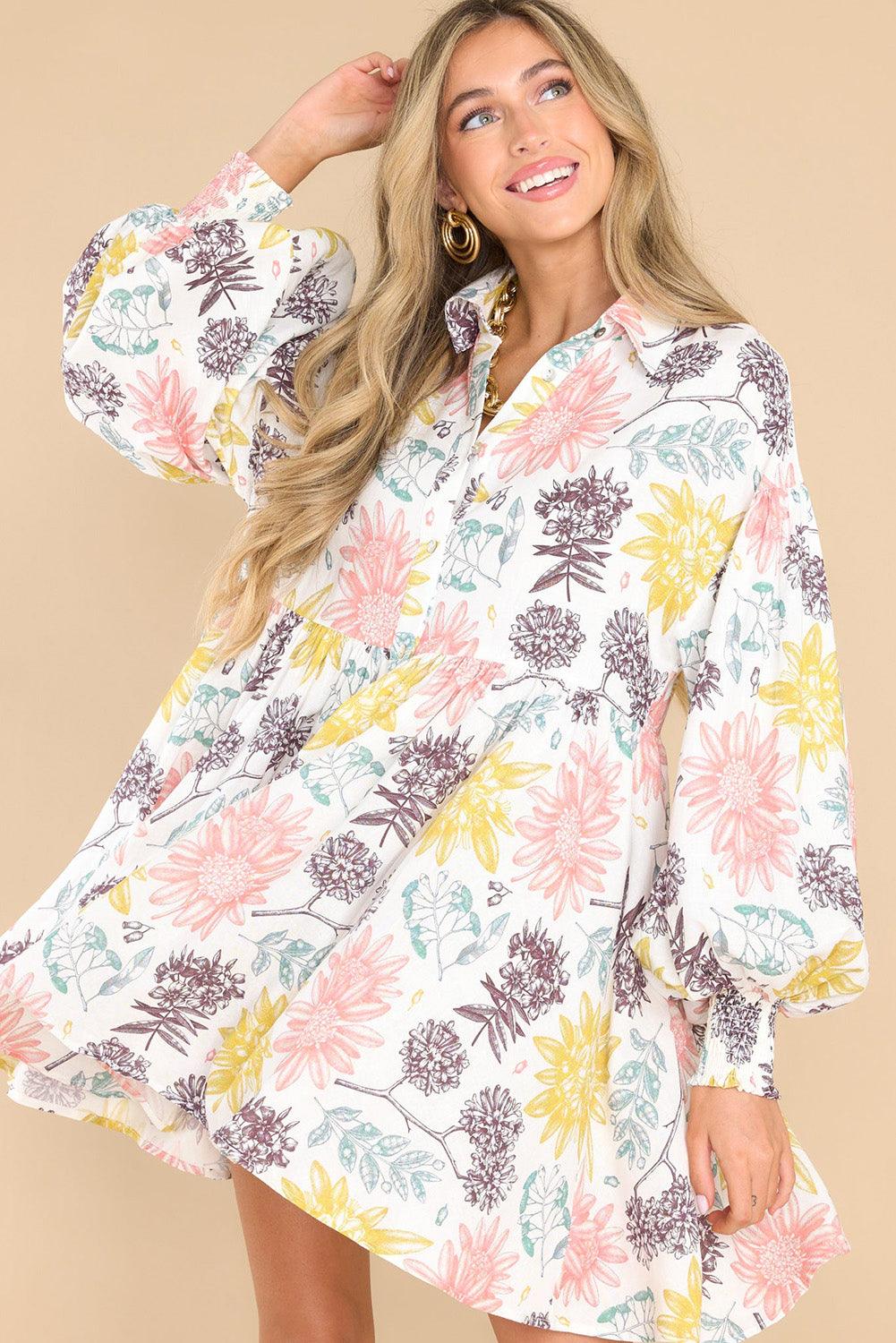 White Collared Neck Bubble Sleeve Floral Dress - L & M Kee, LLC