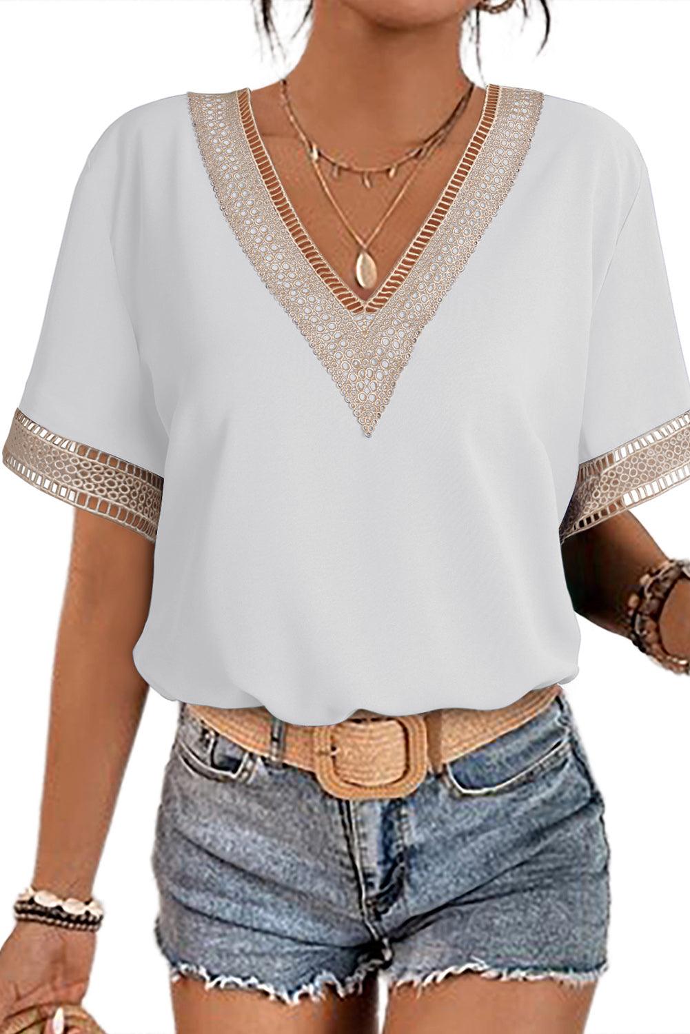 Lace Trim V Neck Short Sleeve Blouse - L & M Kee, LLC