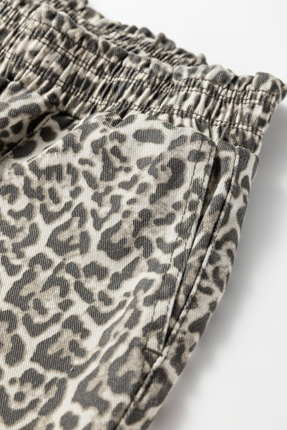 Brown Leopard Print Raw Hem Elastic Waist Loose Pull On Jeans