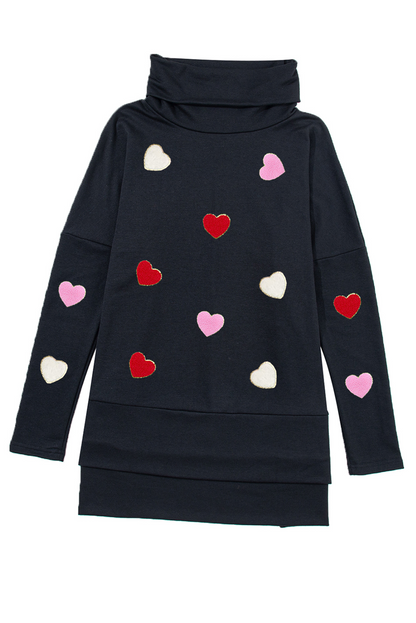 Black Valentines Chenille Heart Patched Dolman Sleeve High Neck Split Top