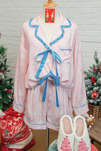 Pink Bow Tie Front Christmas Nutcracker Long Sleeve Shirt Shorts Pajama Set