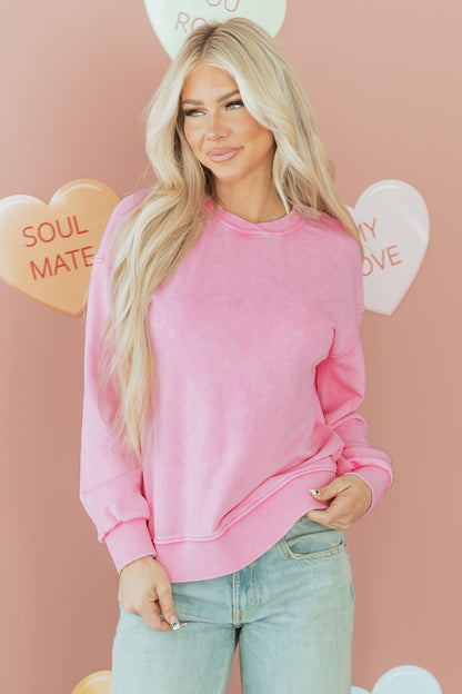Bright Pink Mineral Wash Crossed Crew Neck Drop Shoulder Loose Sweatshirt