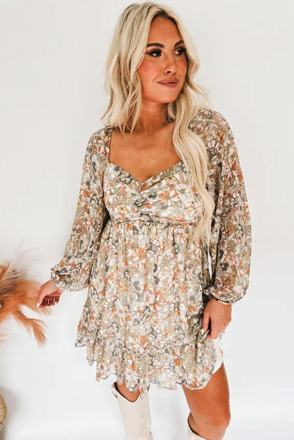 Floral Print Smocked Back Puff Sleeve Mini Dress - L & M Kee, LLC