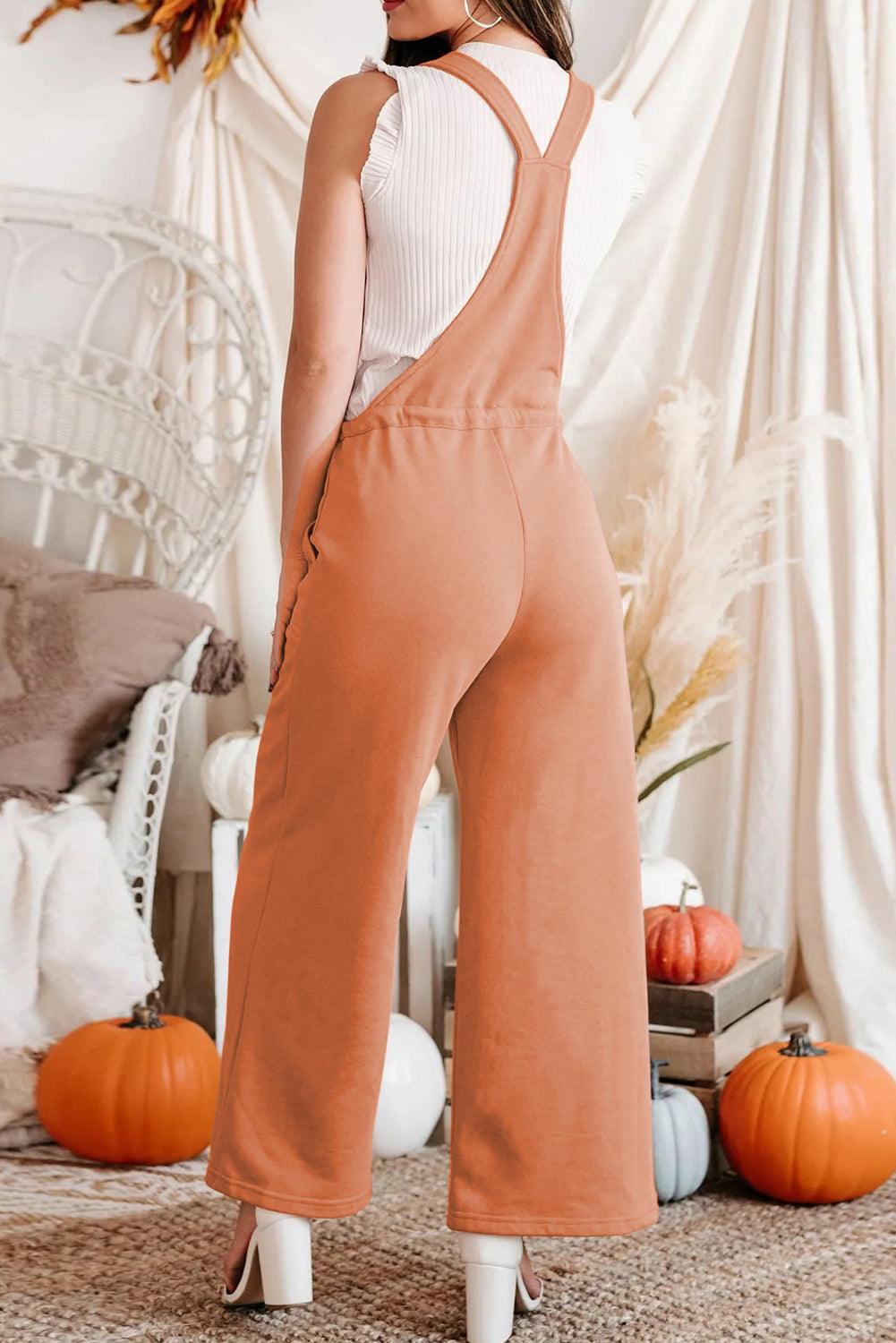 Orange Pocketed Drawstring Wide Leg Overalls - L & M Kee, LLC