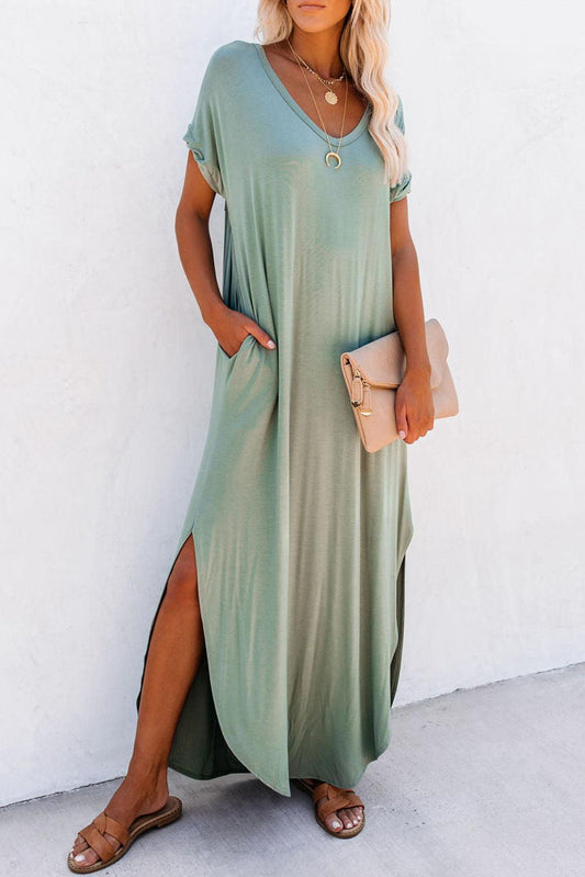 Grass Green V Neck Hidden Pocket Splits Maxi T-shirt Dress - L & M Kee, LLC