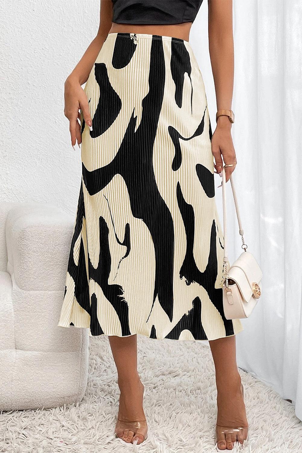 Black Colorblock Geometric Print Pleated Midi Skirt - L & M Kee, LLC