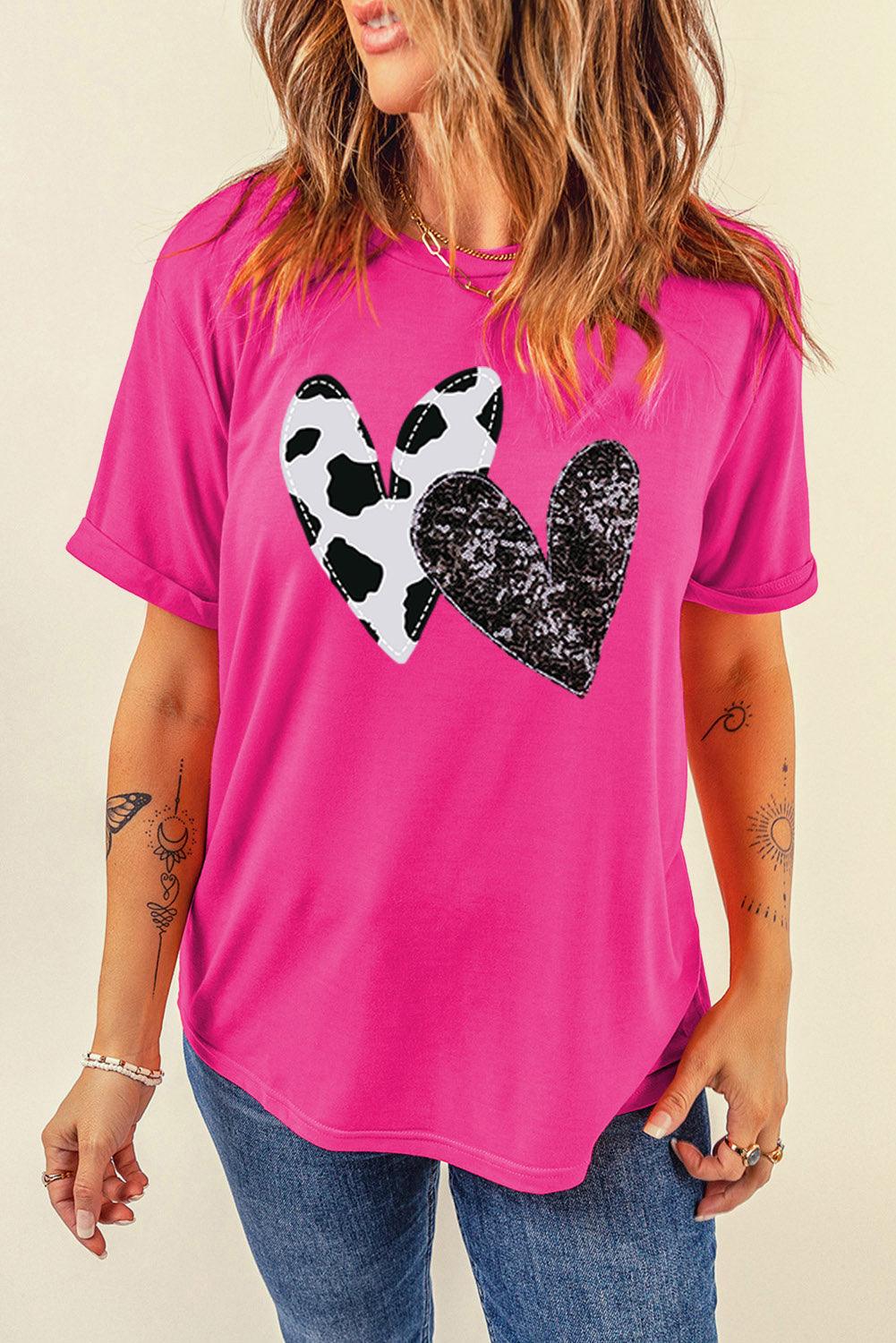 Rose Red Sequined Double Heart Graphic Crewneck T Shirt