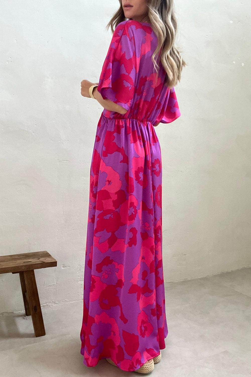 Abstract Floral Print V Neck Dolman Maxi Dress - L & M Kee, LLC