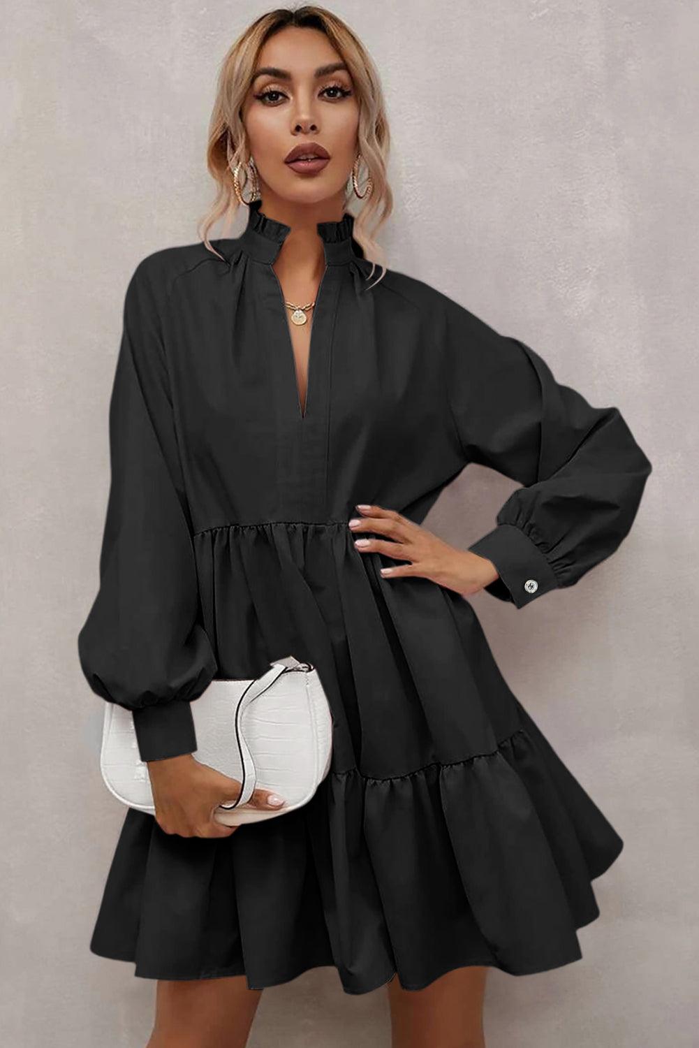 Black Frilled Stand Collar Long Sleeve Ruffle Dress - L & M Kee, LLC