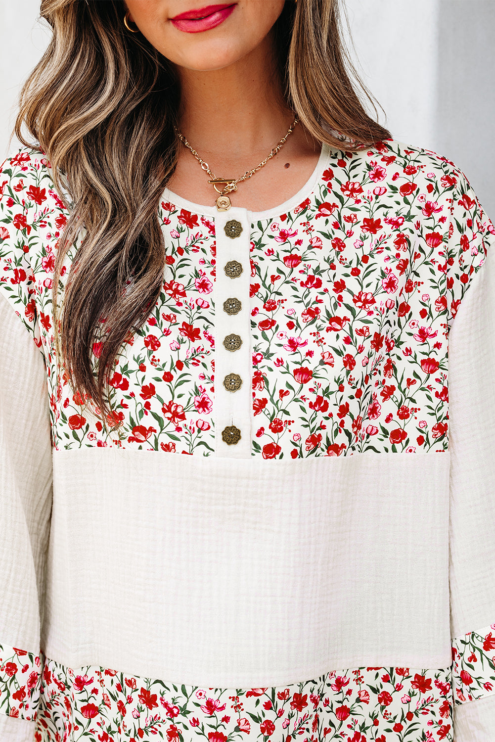 Red Floral Print Gauze Patchwork Henley Button 3/4 Sleeve Blouse