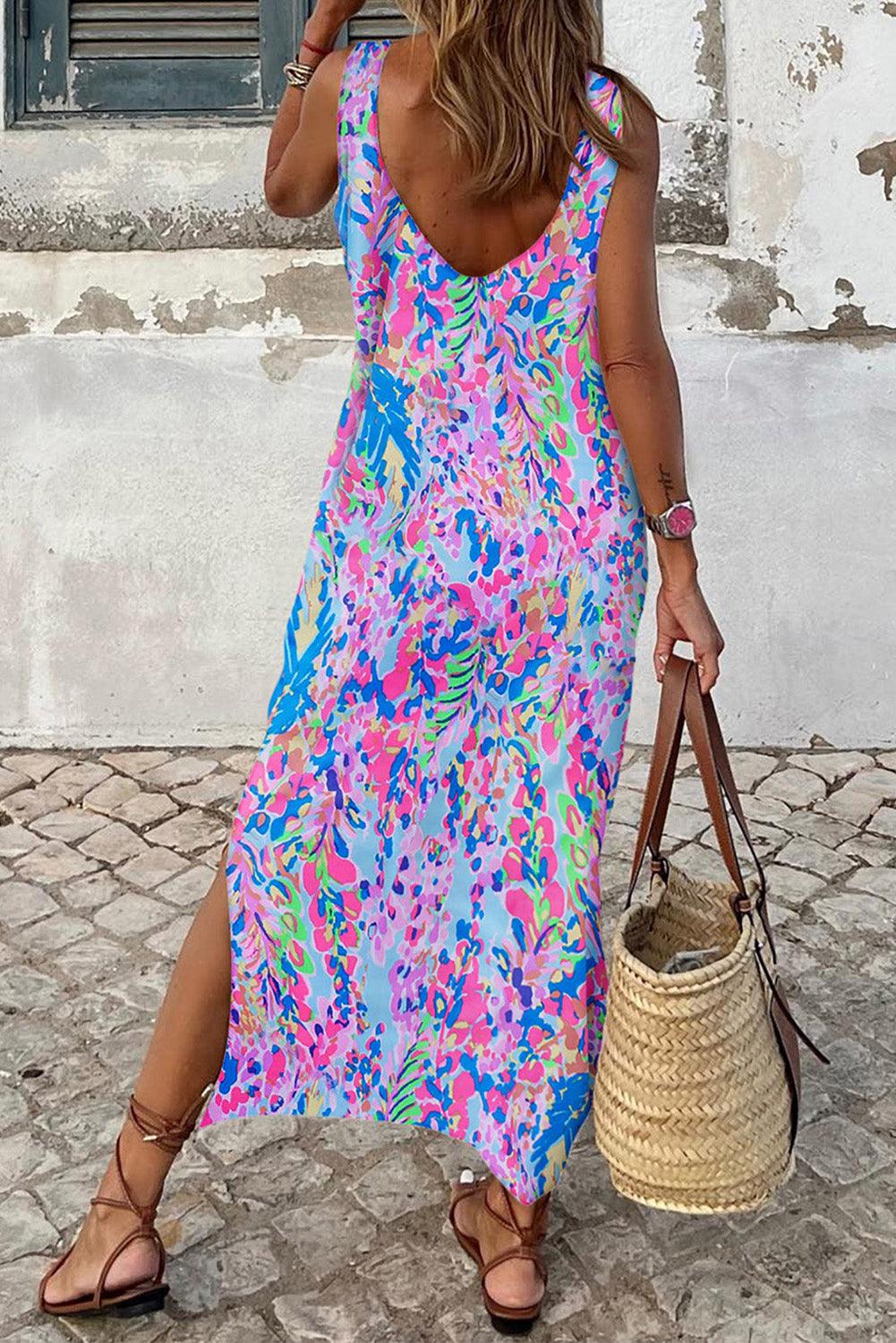 Purple Abstract Floral Print Sleeveless Maxi Dress - L & M Kee, LLC