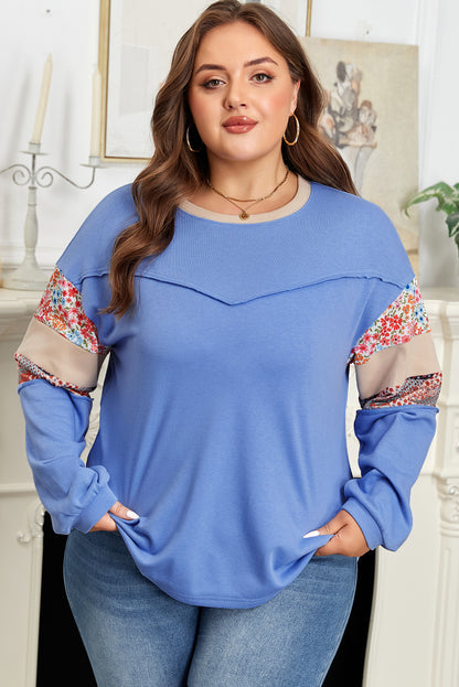 Blue Exposed Seam Floral Mixed Patchwork Relaxed Plus Size Top