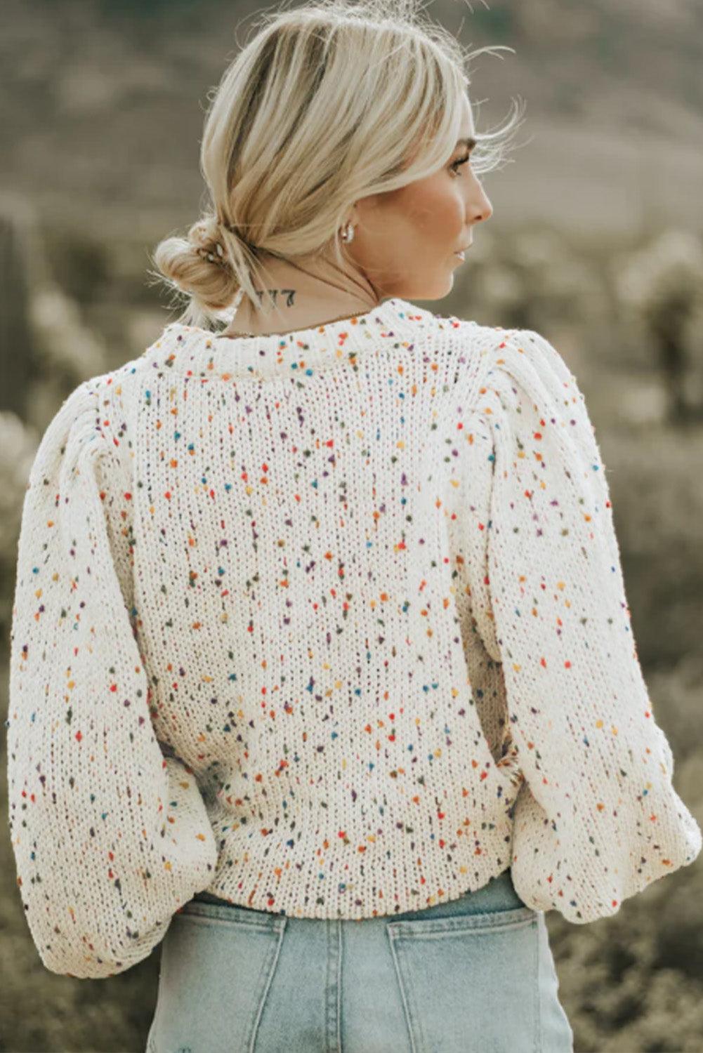Beige Colorful Dots Cable Knit Crew Neck Sweater - L & M Kee, LLC