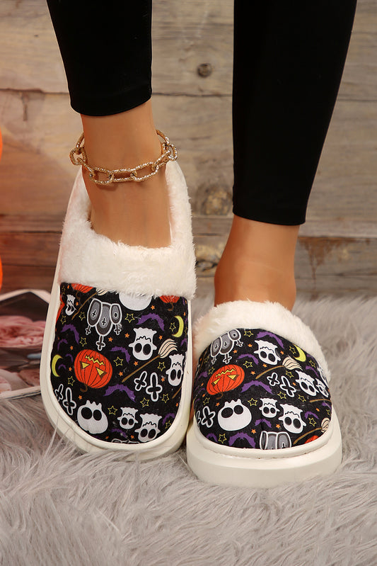 Black Halloween Pumpkin Ghost Print Plush Home Slippers