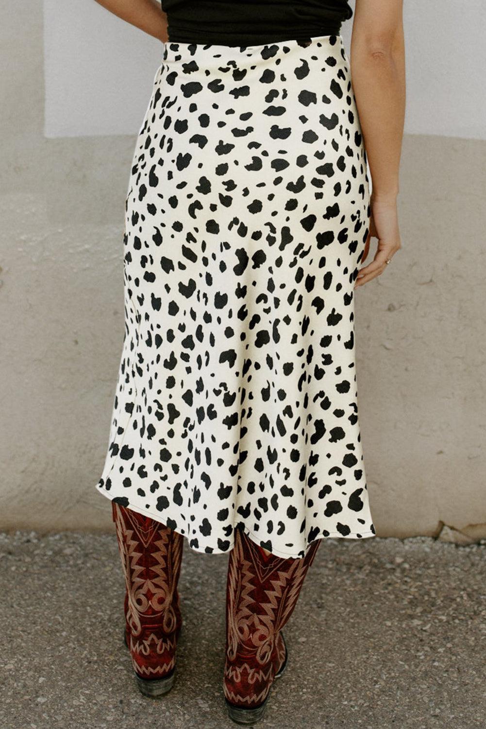 Beige Leopard Spots Printed Split Hem Midi Skirt - L & M Kee, LLC