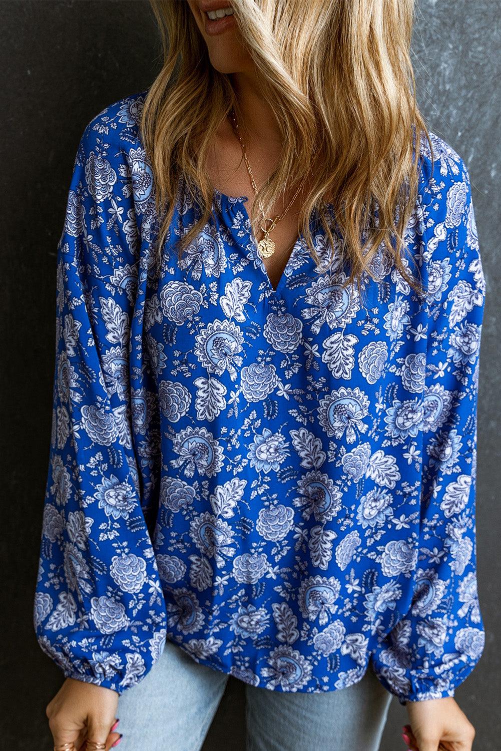 Blue Floral Notched V-Neck Long Sleeve Blouse - L & M Kee, LLC